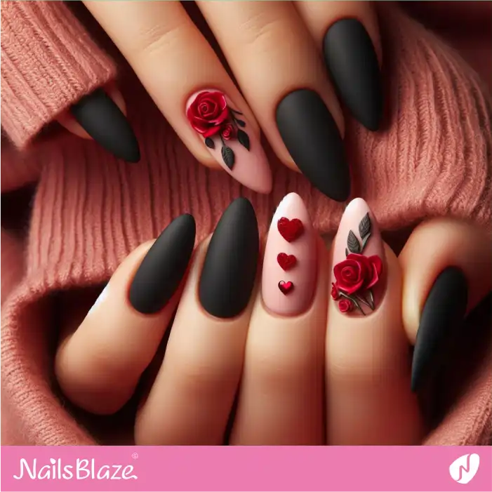 Black and Pink Nails with 3D Roses | Valentine Nails - NB2119